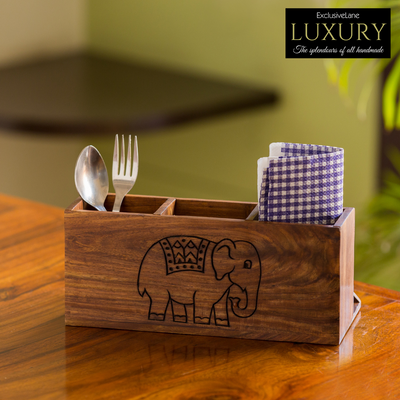 'The Elephant Warriors' Hand Carved Cutlery Holder In Sheesham Wood (4 Partitions)