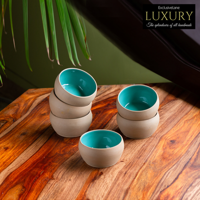Earthen Turquoise' Hand Glazed Dining Bowl Katoris In Ceramic (Set of 6 | 180 ML | Microwave Safe)
