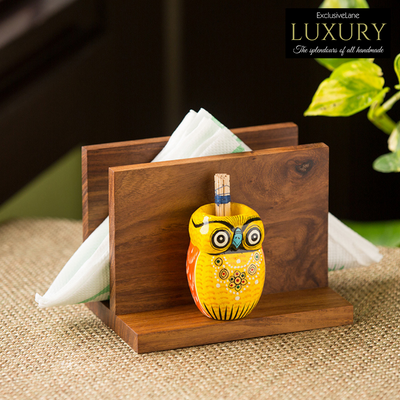 'An Owl's Vibrance' Handmade Tissue Holder With Handcrafted Owl Motif Toothpick Holders In Sheesham Wood