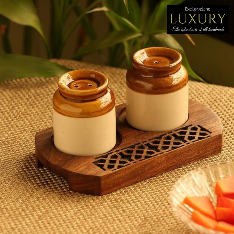 Old Fashioned Martban Ceramic Salt & Pepper Shaker Set With Sheesham Wooden Hand Carved Tray
