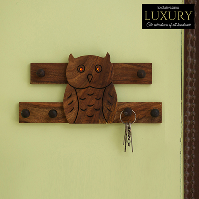Owl On The Wall' Hand Carved Key Hook In Sheesham Wood (6 Hooks)