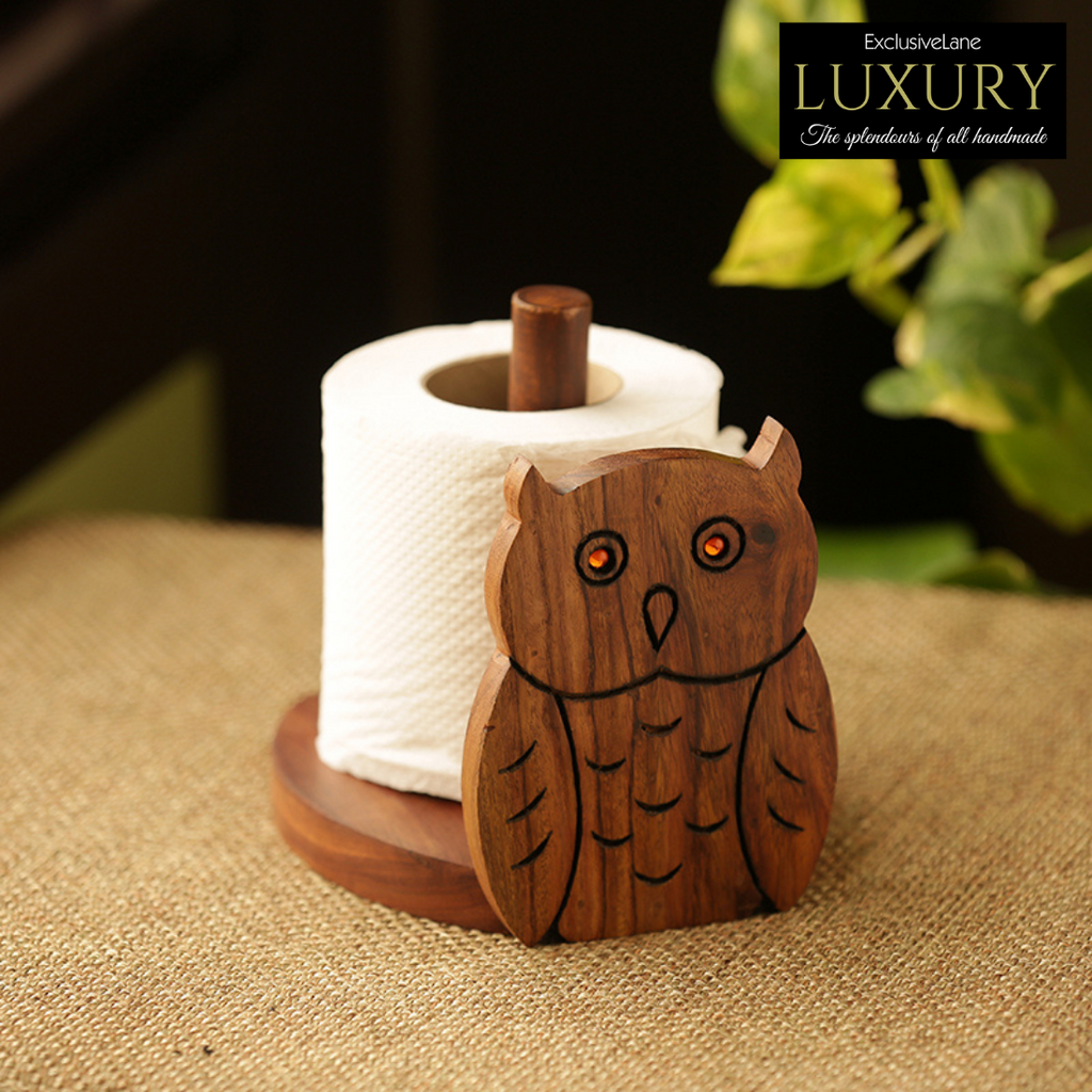 ExclusiveLane 'Bird Collection' Brown Elegant Sheesham Wooden Tissue Roll  Holder for Bathroom, Kitchen | Tissue Roll Dispenser for Bathroom, Table 