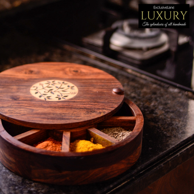 Sheesham Wood Circular Spice Box With Floral Work (9 Compartments)