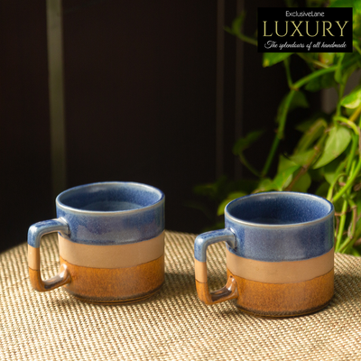 Caramel Blues' Hand Glazed Studio Pottery Tea & Coffee Mugs In Ceramic (Set of 2 | 360 ML | Microwave Safe)