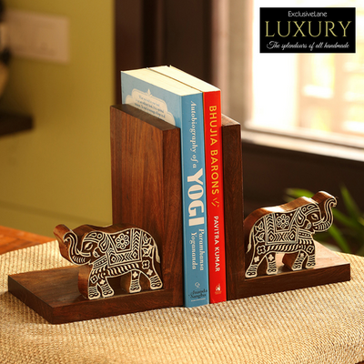 'Elephants' Trunk Up' Hand Carved Book End In Sheesham Wood