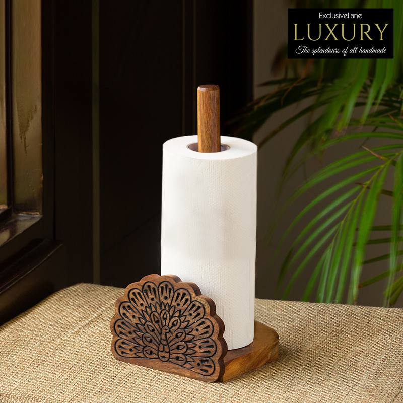 The Dancing Peacock Hand Carved Kitchen Tissue Roll Holder in Sheesh ExclusiveLane