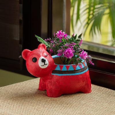 'Blissful Bear' Handmade & Hand Painted Planter Pot In Terracotta (8 Inches)