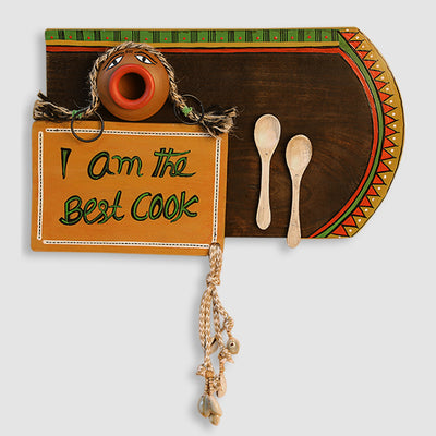 'Happy Cooking' Hand-Painted Wooden Wall Signage Hanging With Terracotta Pot