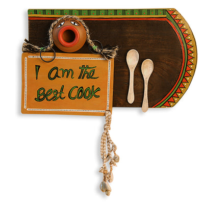 'Happy Cooking' Hand-Painted Wooden Wall Signage Hanging With Terracotta Pot