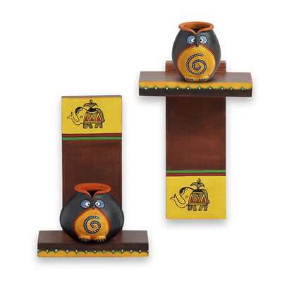 Terracotta 'Twin Owl Pot-Faces' With Wooden Wall Shelves