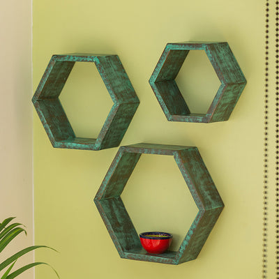 'Rustic Hexagons' Antique Finish Nested Wall Shelves In Mango Wood (Set of 3)