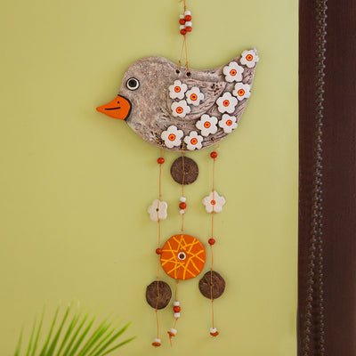 Chirping Songbird' Handmade & Hand-Painted Garden Decorative Wall Hanging In Terracotta