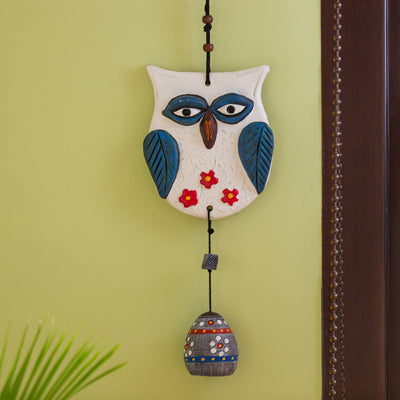 Hanging Owl' Handmade & Hand-Painted Garden Decorative Wall Hanging Bell In Terracotta