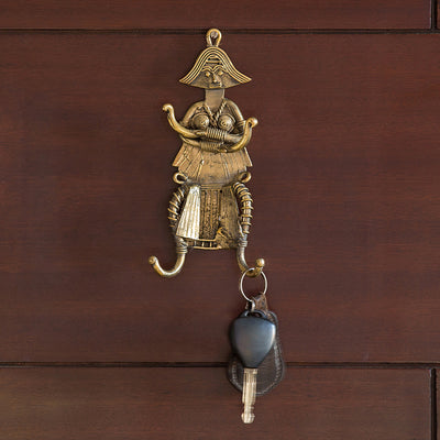 Tribal Warrior' Brass Key Holder Handmade in Dhokra Art (4 Hooks)