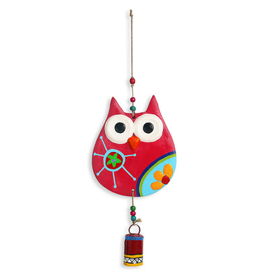 Flowery Owl' Handmade & Hand-painted Garden Decorative Wall Hanging Bell In Terracotta