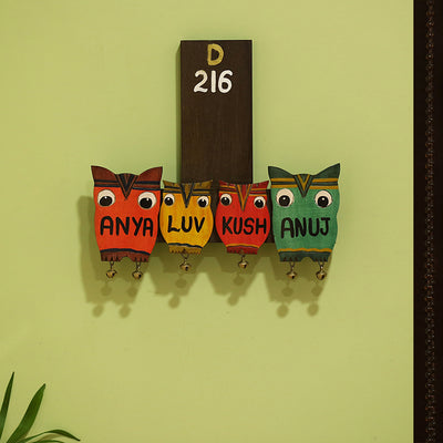 'Owl Family' Customizable Wooden Name Plate (Handwritten Fonts)