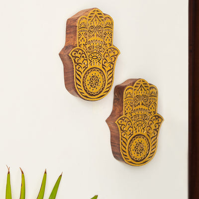 'Palm Pair' Hand Carved Block Wall Décor In Sheesham Wood (Set of 2)