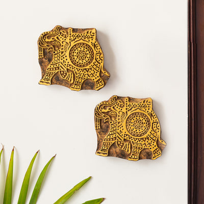 'Tusker Duo' Hand Carved Block Wall Décor In Sheesham Wood (Set of 2)