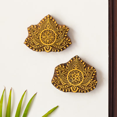 'Lotus Pair' Hand Carved Block Wall Décor In Sheesham Wood (Set of 2)