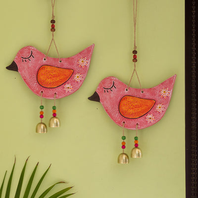 'Chipping Sparrows' Handmade & Hand-painted Decorative Wall Hanging In Terracotta (Set of 2)