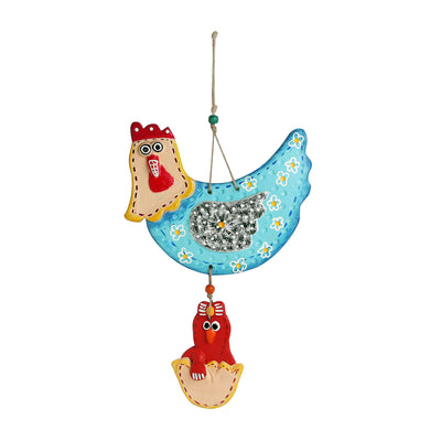 Hens & Chicks' Handmade & Hand-painted Decorative Wall Hanging In Terracotta (Set of 2 | Blue)