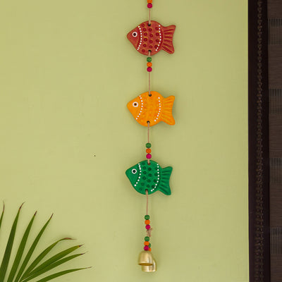 'The Fish Family' Handmade & Hand-painted Decorative Wall Hanging In Terracotta