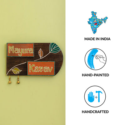 'Shades of a Leaf' Hand-Painted Customizable Name Plate In Mango Wood & Terracotta (Handwritten Fonts)