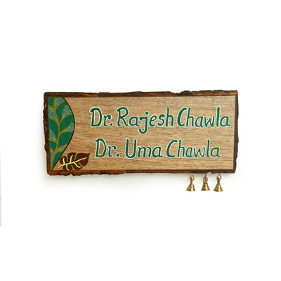 'Shades of a Leaf' Hand-Painted Customizable Name Plate In Mango Wood (Handwritten Fonts)