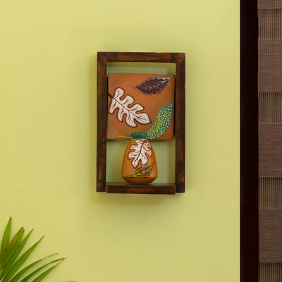 'Shades of a Leaf' Hand-Painted Terracotta Pot With Sheesham Wooden Frame Wall Hanging