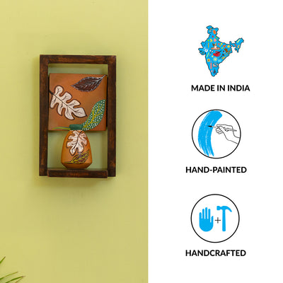 'Shades of a Leaf' Hand-Painted Terracotta Pot With Sheesham Wooden Frame Wall Hanging