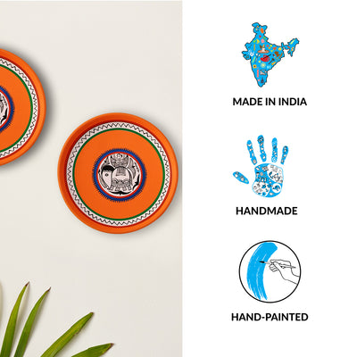 The Madhubani Tales' Hand Painted Terracotta Wall Plates Wall Décor (8 inch | Set of 2 | Orange)