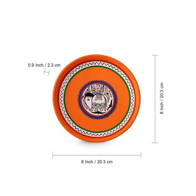 The Madhubani Tales' Hand Painted Terracotta Wall Plates Wall Décor (8 inch | Set of 2 | Orange)