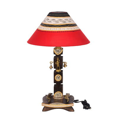 20 Inch Dhokra And Warli Handpainted Wooden Lamp Brown