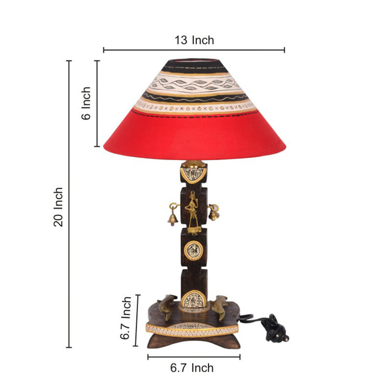 20 Inch Dhokra And Warli Handpainted Wooden Lamp Brown