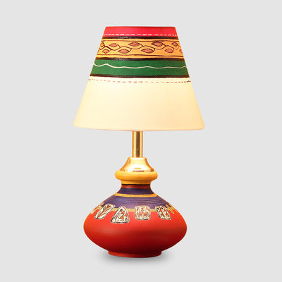 'Warli In Light' Hand-Painted Pot Shaped Round Table Lamp In Terracotta
