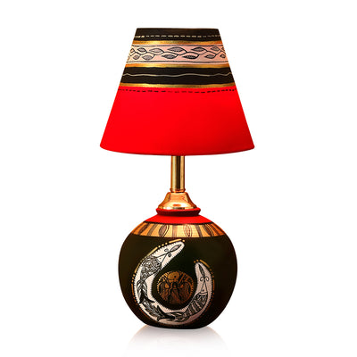 'Madhubani Shimmers' Hand-Painted Pot Shaped Round Table Lamp In Terracotta