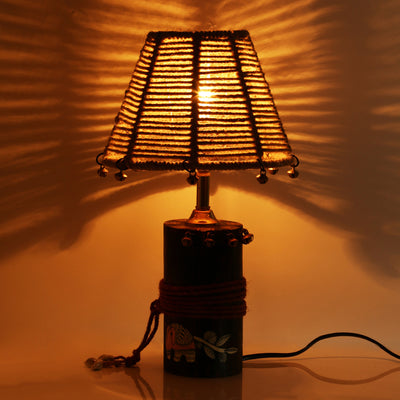 'The Jute-Shade Log' Madhubani Hand-Painted Table Lamp In Wood