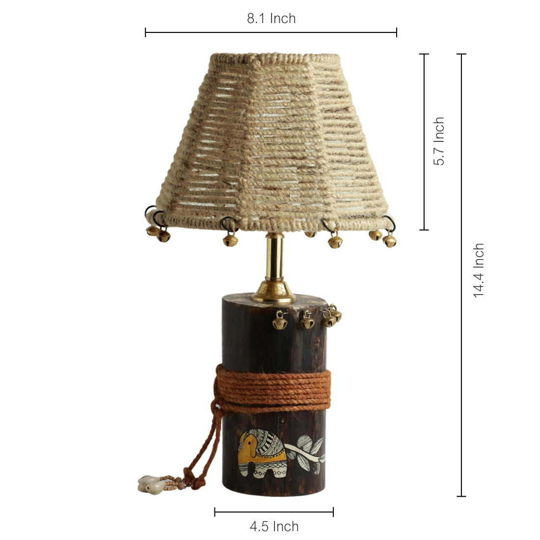 'The Jute-Shade Log' Madhubani Hand-Painted Table Lamp In Wood