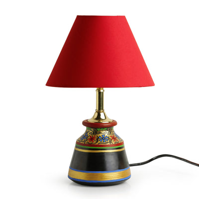 'Glowing Reds' Floral Hand-Painted Vessel Shaped Table Lamp In Terracotta