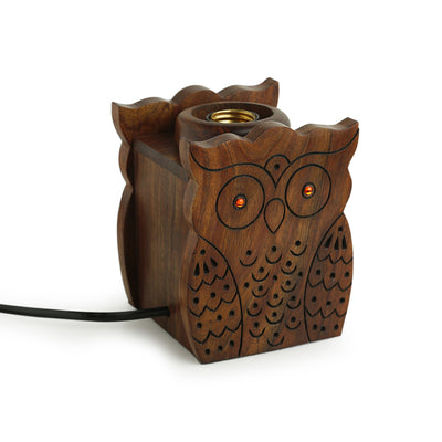 'Bright Night Owl' Table Lamp With Hand Carved Owl Motif In Sheesham Wood