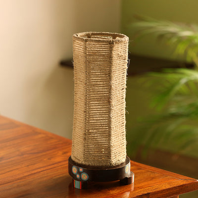 'Desert Shimmer' Handwoven Hexagonal Table Lamp In Teak Wood (14 Inch)