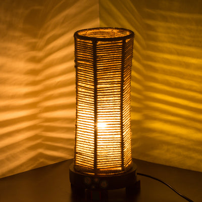 'Desert Shimmer' Handwoven Hexagonal Table Lamp In Teak Wood (14 Inch)