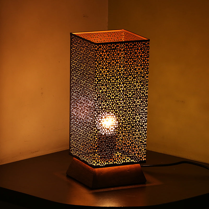 Moroccan Shimmer Hand Etched Iron & Mango Wood Table Lamp (12 Inch | Black)