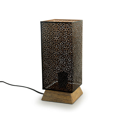 Moroccan Shimmer Hand Etched Iron & Mango Wood Table Lamp (12 Inch | Black)