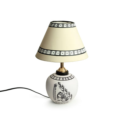 The Warli Tales' Hand-Painted Table Lamp In Terracotta (13 Inch | White)