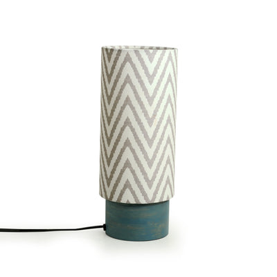 'Grey Chevron' Cylindrical Table Lamp In Mango Wood (13 Inch)
