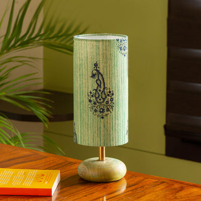'Peacock in the Forest' Cylindrical Table Lamp In Mango Wood (14 Inch)