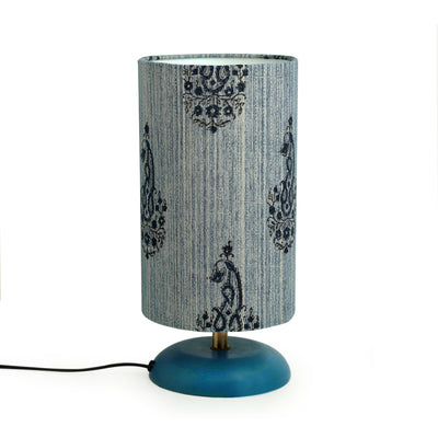 'Peacock in the Rain' Cylindrical Table Lamp In Mango Wood (13 Inch)