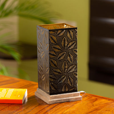 'Leafy Plants' Hand Etched Table Lamp In Iron & Mango Wood (12 Inch)