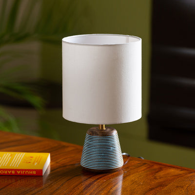 'Blue-Carved' Table Lamp In Mango Wood (14 Inch)